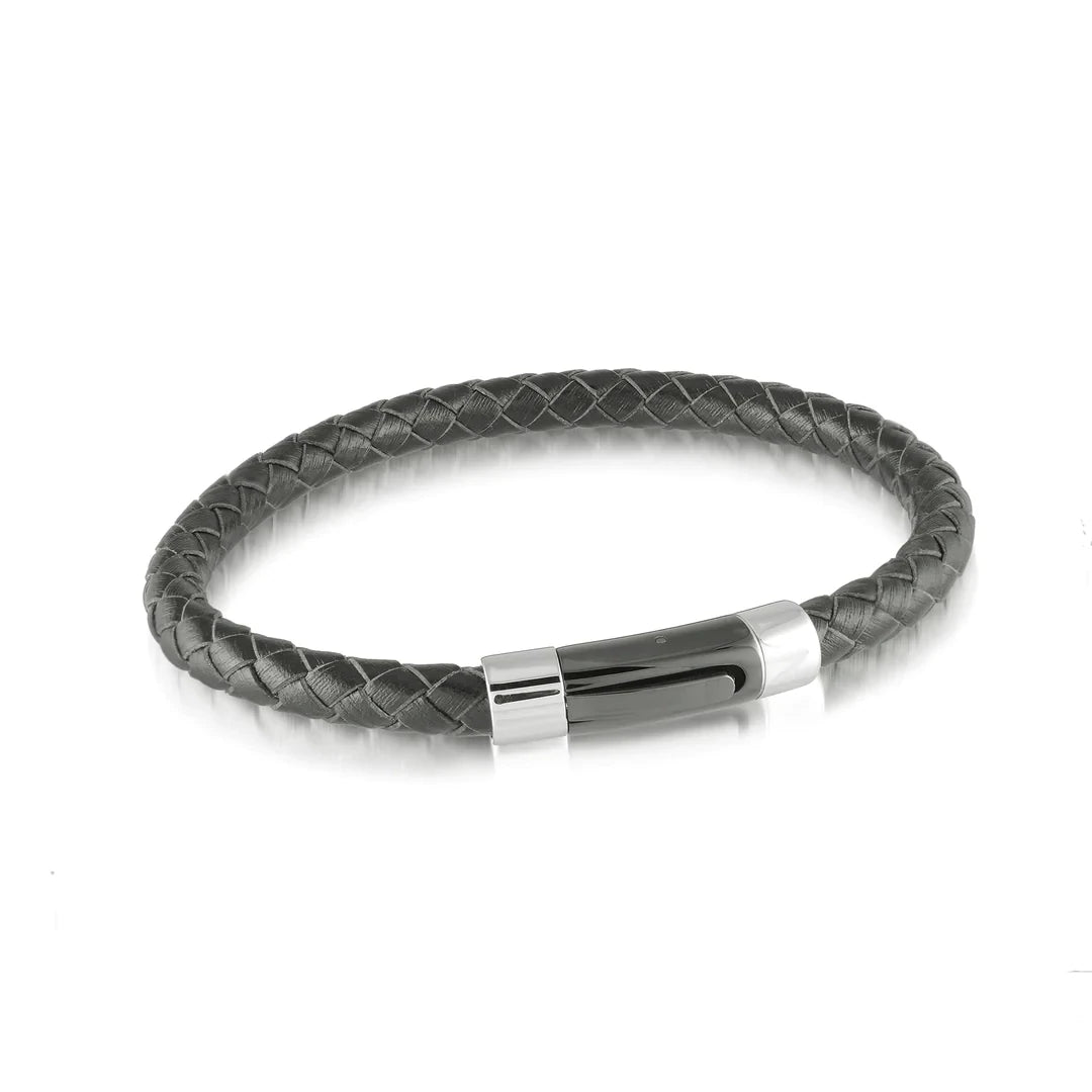 ITALGEM  STEEL SLB124 S STEEL BLACK-IP PUSH-CLASP BLACK LEATHER BRACELET