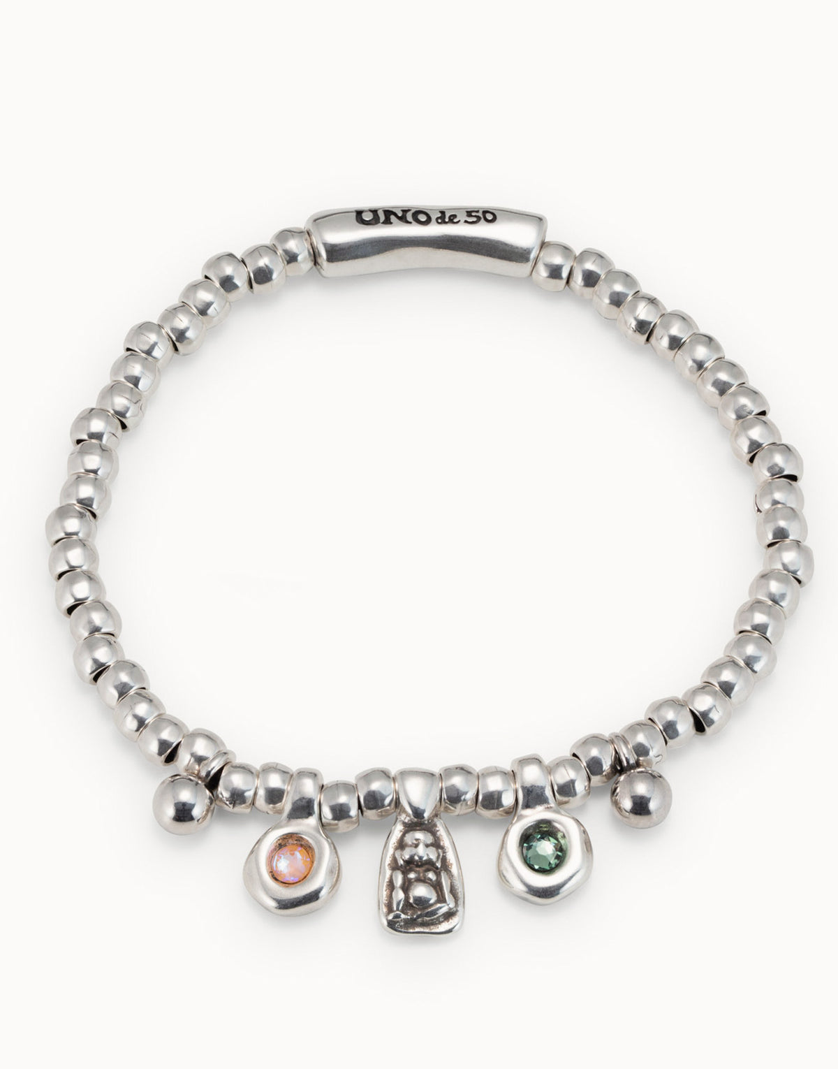 UNO DE 50 PUL1970MCLMTL  Elastic silver-plated metal alloy bracelet  Buddha charm  and faceted crystals.