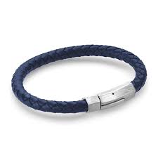 ITALGEM SLB534 MATTE-S.STEEL PUSH-CLASP BLUE-LEATHER BRACELET