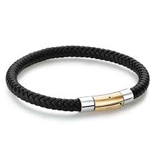 ITALGEM STEEL SLB361 S.STEEL YELLOW-IP PUSH-CLASP BLACK-LEATHER BRACELET BRACELET