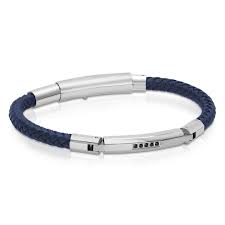 ITALGEM STEEL SLB465  S.STEEL BLACK-CZ NAVY-BLUE-LEATHER ADJUSTABLE BRACELET