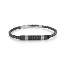 ITALGEM STEEL SLB500  S.STEEL MIXED-CENTRE BEADED BLACK-LEATHER BRACELET