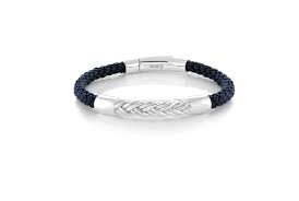 ITALGEM STEEL SLB593  GUN-IP-S.STEEL CHEVRON-DESIGN BLUE-LEATHER MAGENTIC-CLASP BRACELET