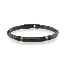 ITALGEM SLB166 BLACK-GOLD-IP S.STEEL PUSH-CLASP-DESIGN BLACK LEATHER BRACELET